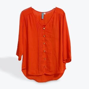 Buttons Women's Orange Pleated Button Front 3/4 Sleeve Blouse Top M